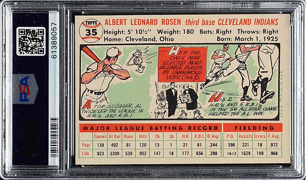 1956 Topps #35 Al Rosen White Back PSA NM-MT 8