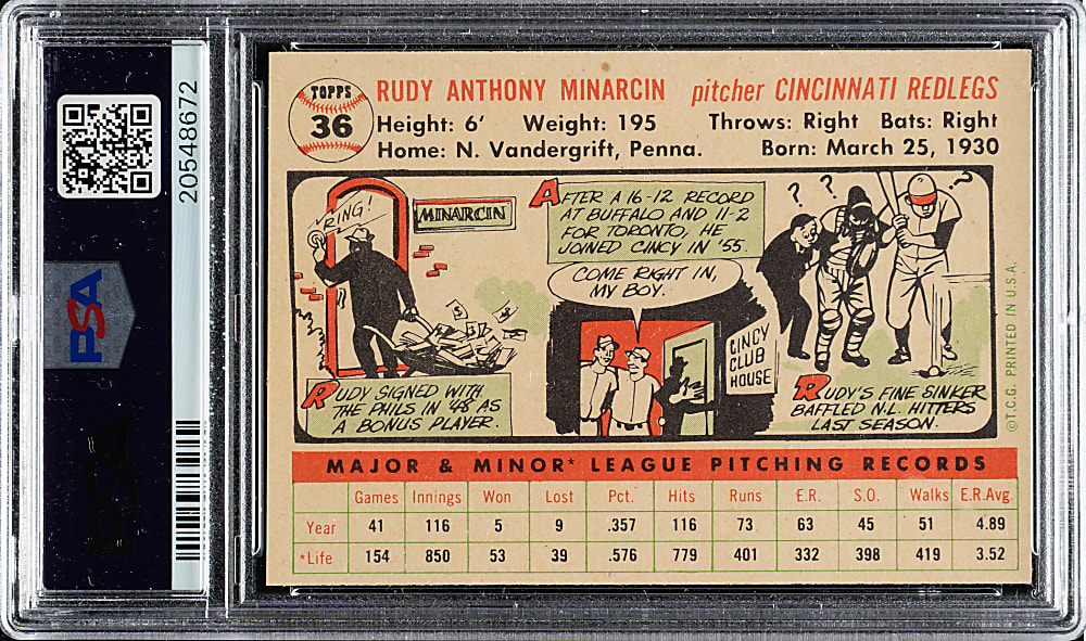 1956 Topps #36 Rudy Minarcin White Back PSA NM-MT 8