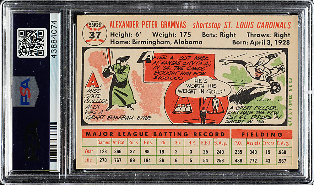 1956 Topps #37 Alex Grammas White Back PSA NM-MT 8