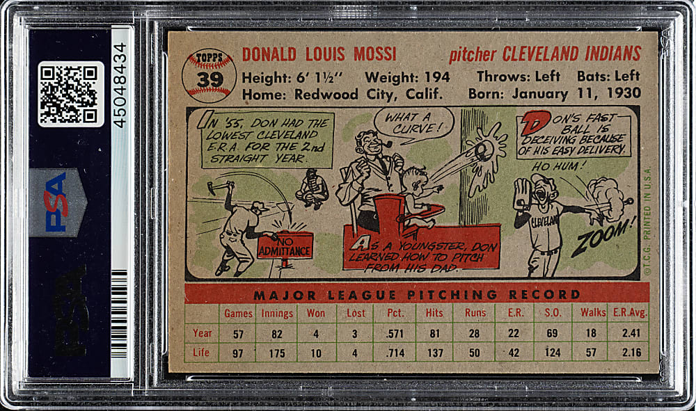 1956 Topps #39 Don Mossi Gray Back PSA NM-MT 8