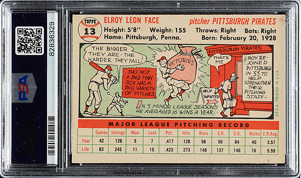 1956 Topps #13 Roy Face White Back PSA NM-MT 8