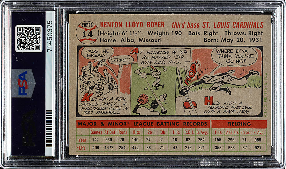 1956 Topps #14 Ken Boyer Gray Back PSA NM-MT 8