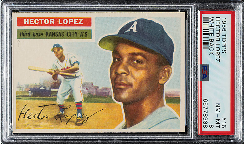 1956 Topps #16 Hector Lopez White Back PSA NM-MT 8