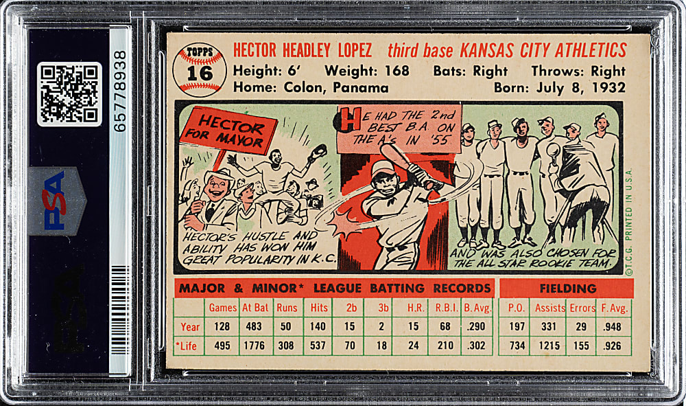 1956 Topps #16 Hector Lopez White Back PSA NM-MT 8