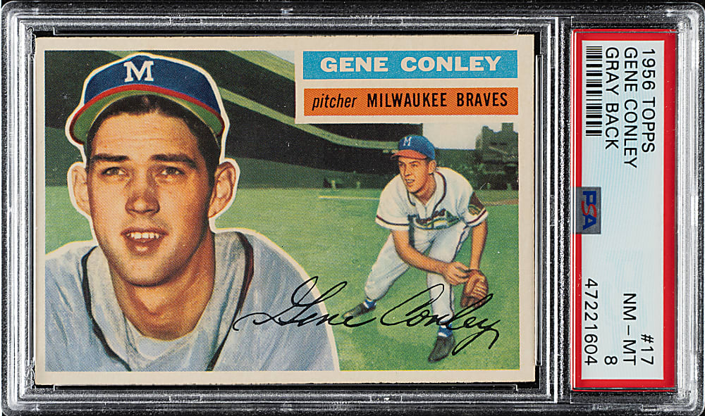1956 Topps #17 Gene Conley Gray Back PSA NM-MT 8