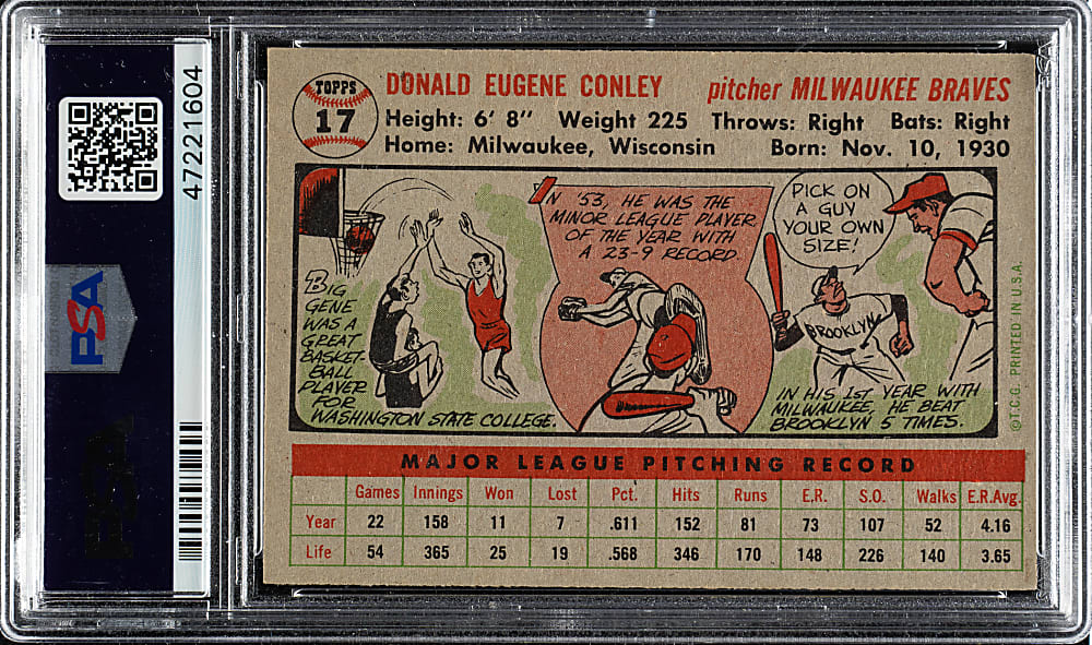 1956 Topps #17 Gene Conley Gray Back PSA NM-MT 8