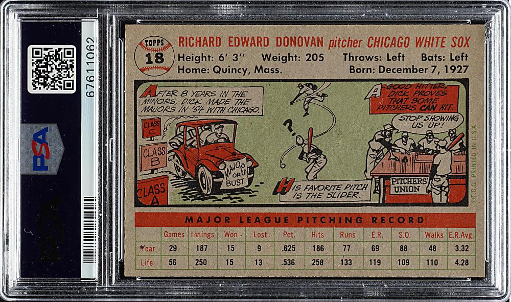 1956 Topps #18 Dick Donovan Gray Back PSA NM-MT 8
