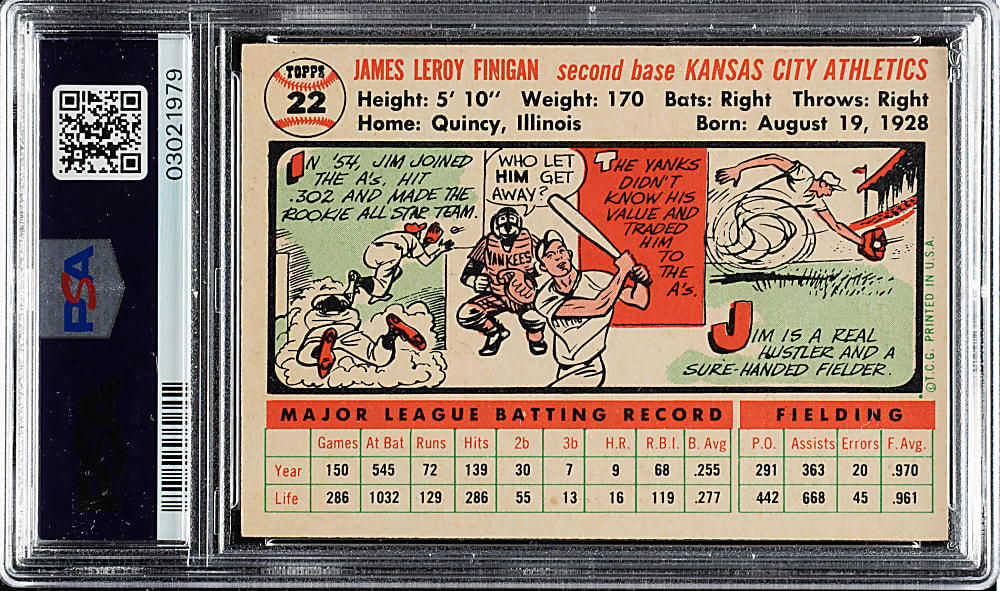 1956 Topps #22 Jim Finigan White Back PSA NM-MT 8