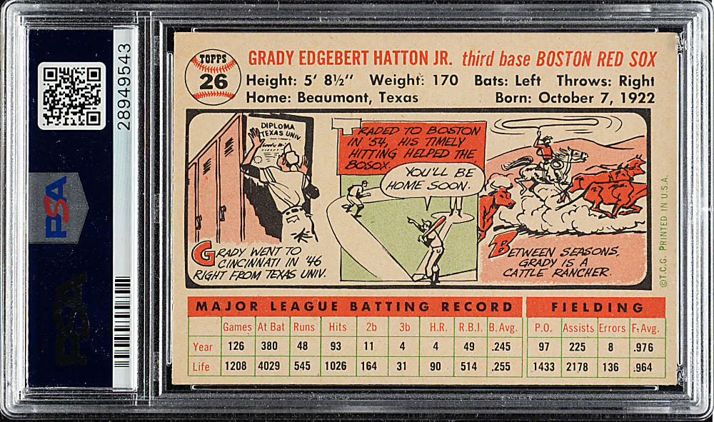 1956 Topps #26 Grady Hatton White Back PSA NM-MT 8