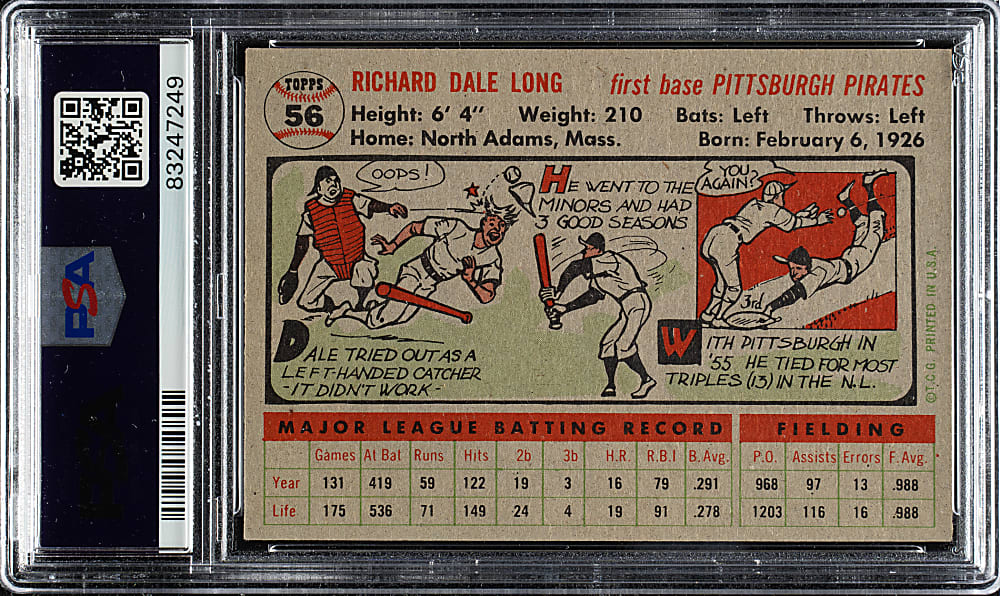 1956 Topps #56 Dale Long Gray Back PSA NM-MT 8