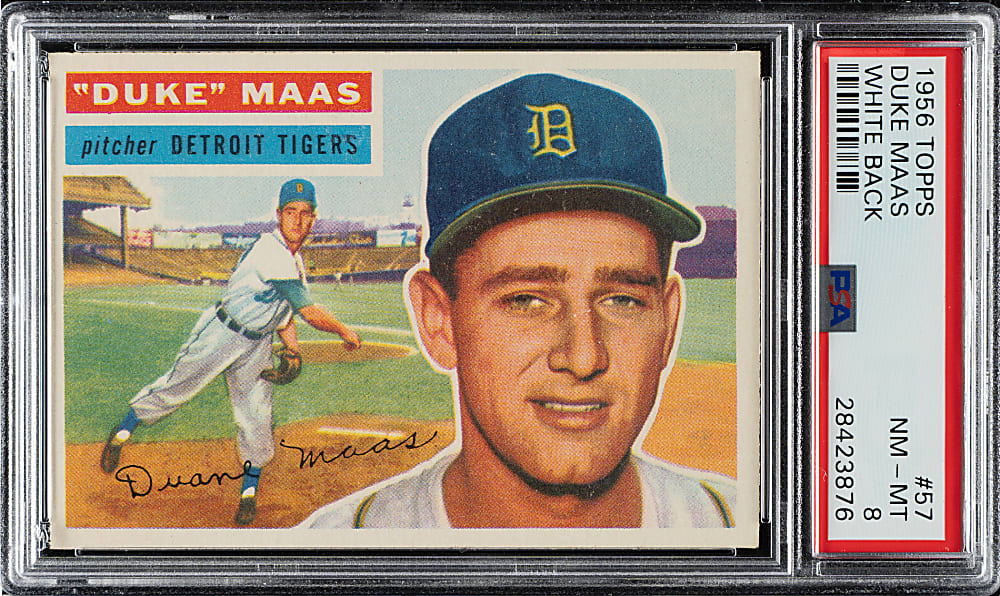 1956 Topps #57 Duke Maas White Back PSA NM-MT 8