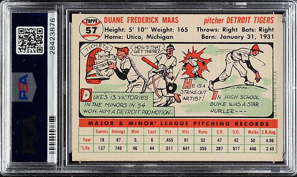 1956 Topps #57 Duke Maas White Back PSA NM-MT 8