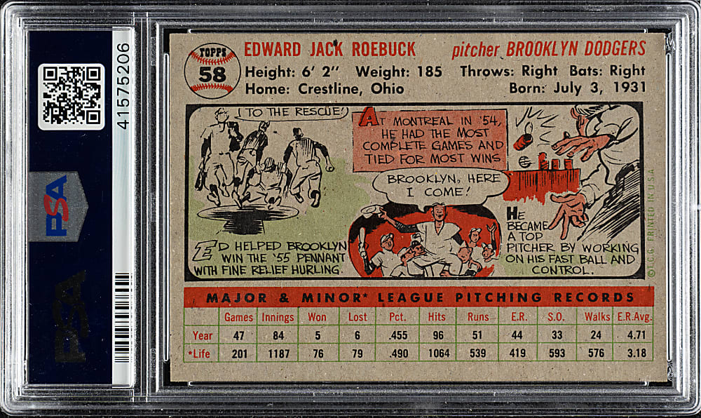 1956 Topps #58 Ed Roebuck Gray Back PSA NM-MT 8