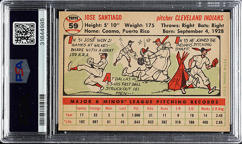 1956 Topps #59 Jose Santiago White Back PSA NM-MT 8