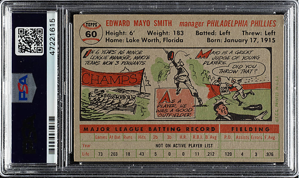 1956 Topps #60 Mayo Smith Gray Back PSA NM-MT 8