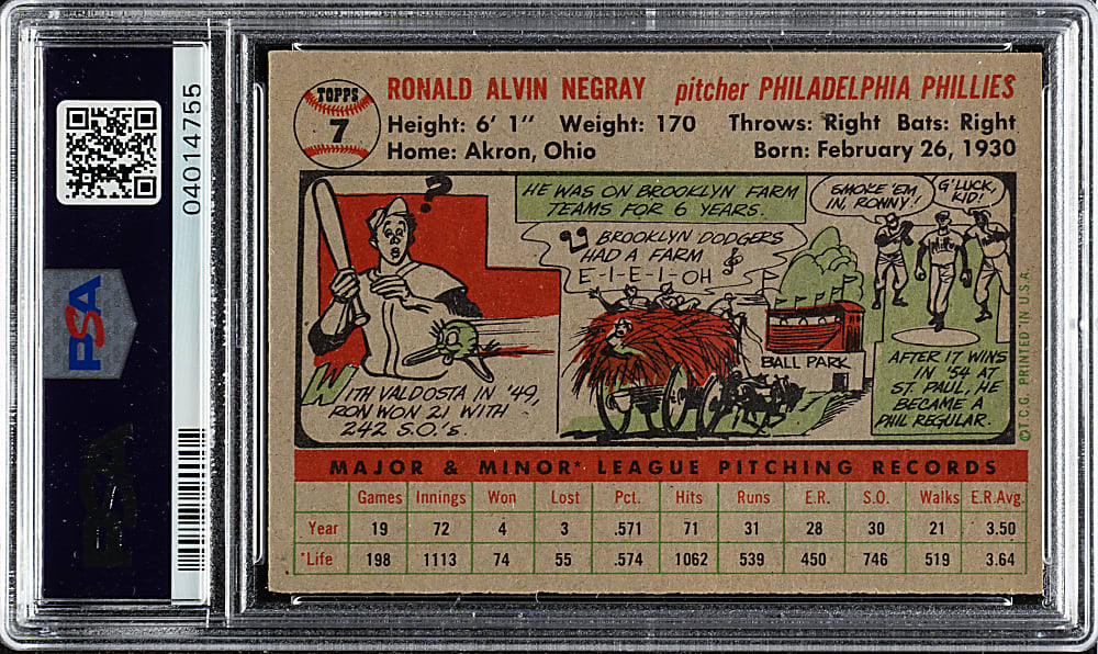 1956 Topps #7 Ron Negray Gray Back PSA NM-MT 8