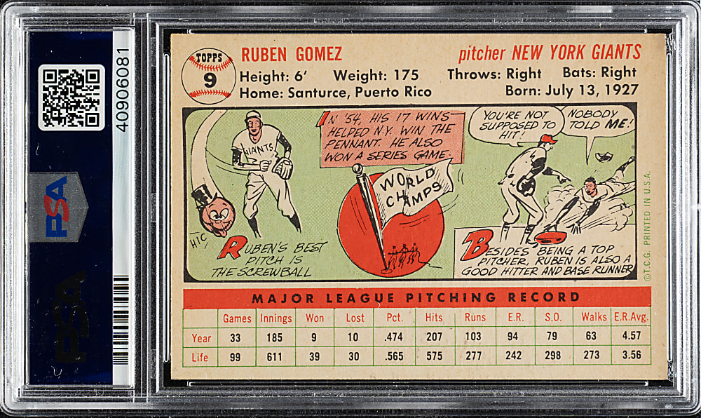 1956 Topps #9 Ruben Gomez White Back PSA NM-MT 8