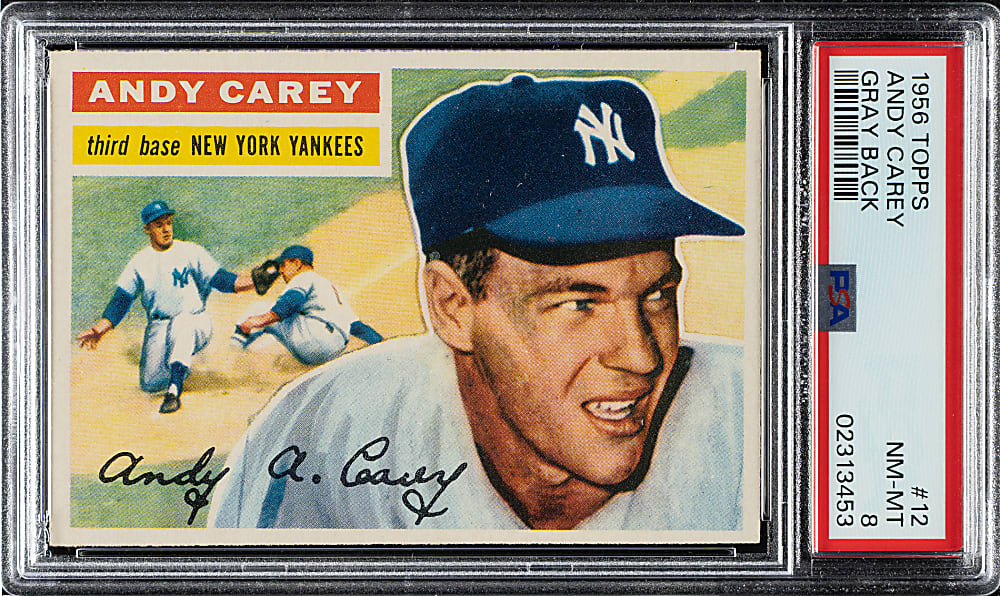 1956 Topps #12 Andy Carey Gray Back PSA NM-MT 8