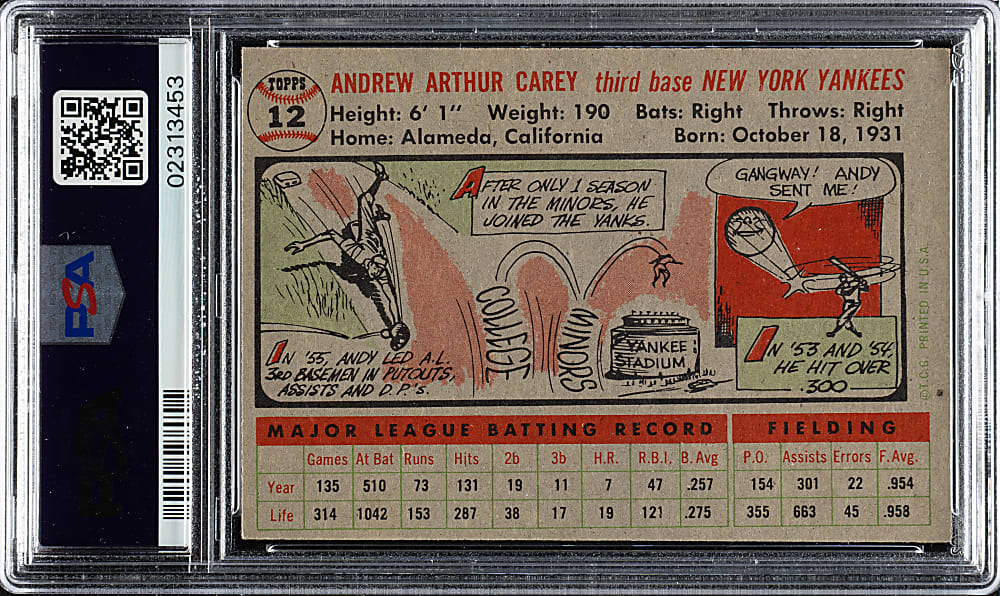 1956 Topps #12 Andy Carey Gray Back PSA NM-MT 8