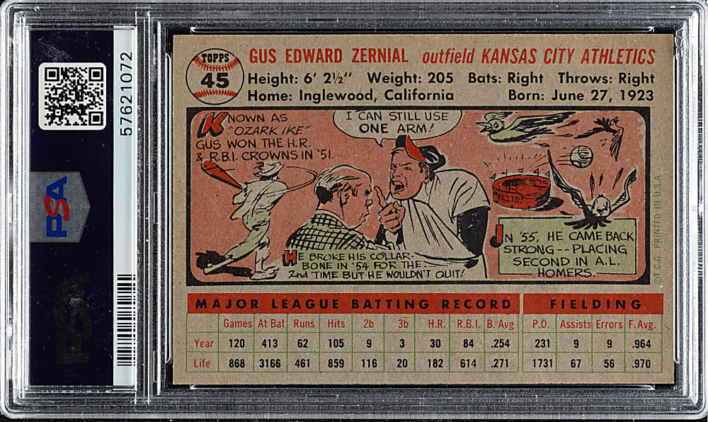 1956 Topps #45 Gus Zernial Gray Back PSA NM-MT 8
