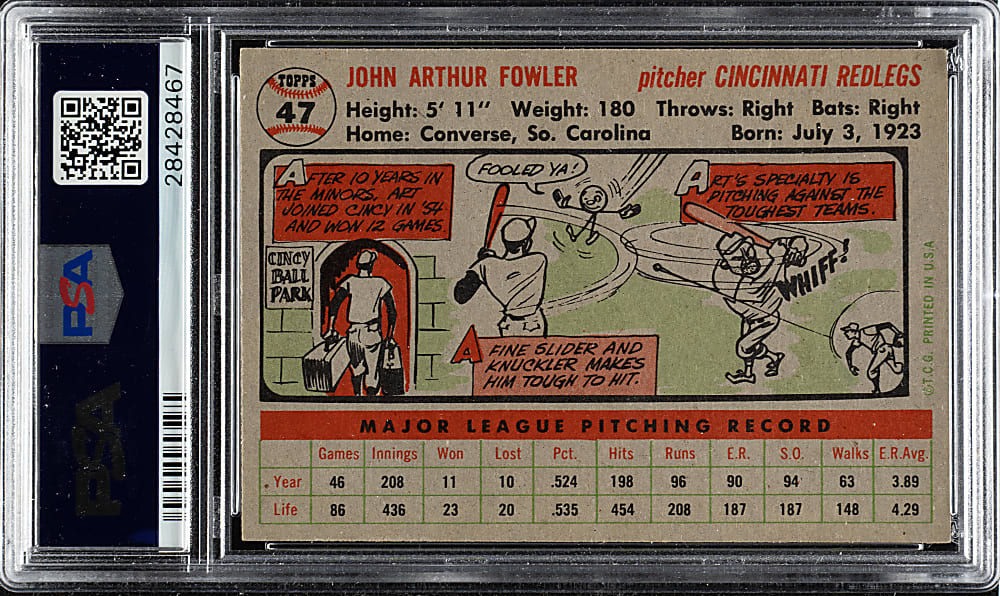 1956 Topps #47 Art Fowler Gray Back PSA NM-MT 8