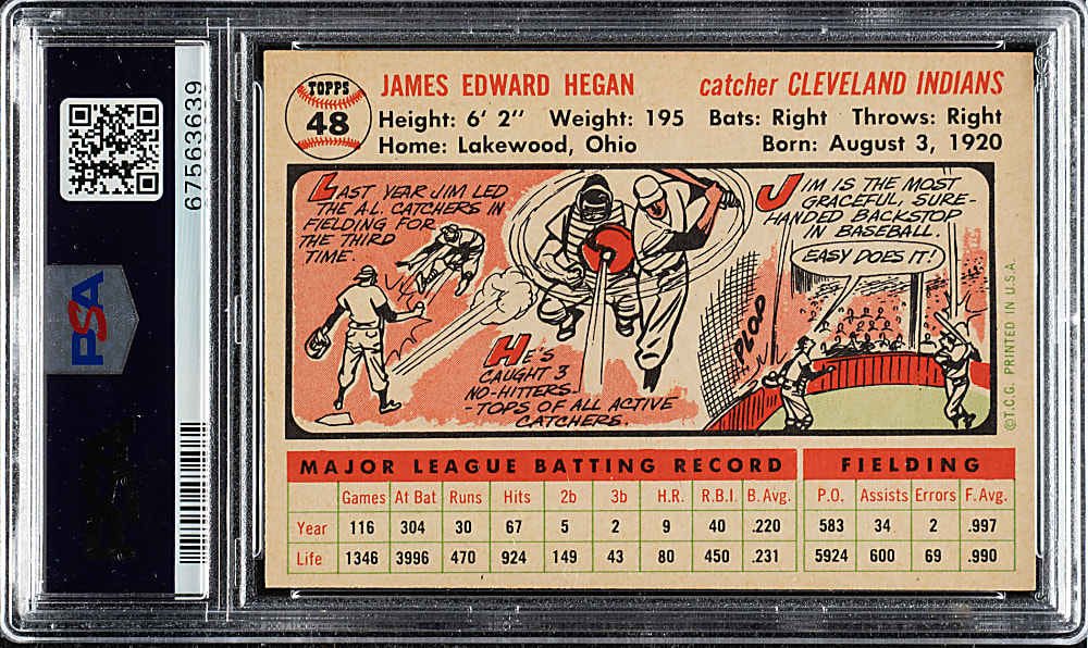 1956 Topps #48 Jim Hegan White Back PSA NM-MT 8