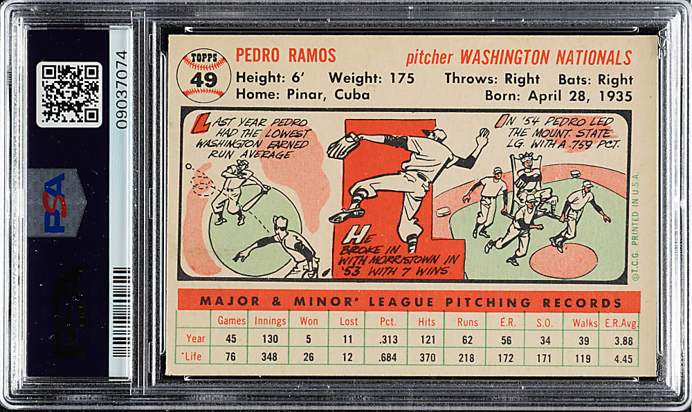 1956 Topps #49 Pedro Ramos White Back PSA NM-MT 8