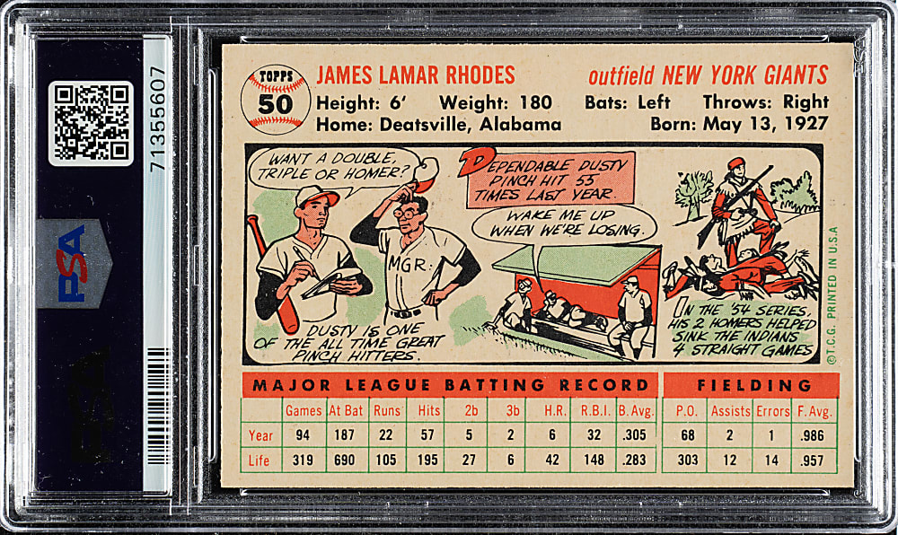 1956 Topps #50 Dusty Rhodes White Back PSA NM-MT 8