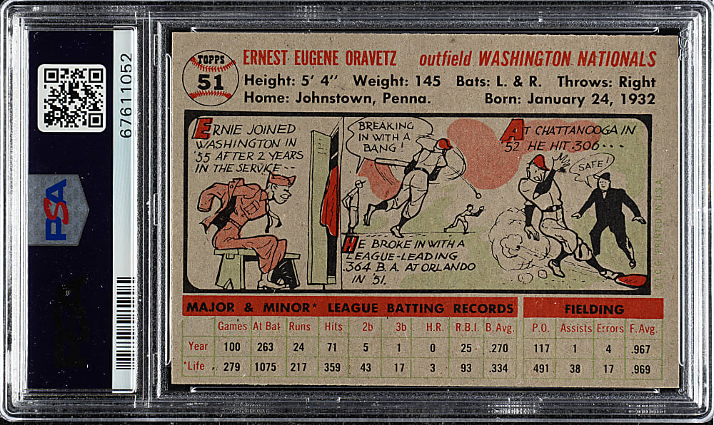 1956 Topps #51 Ernie Oravetz Gray Back PSA NM-MT 8