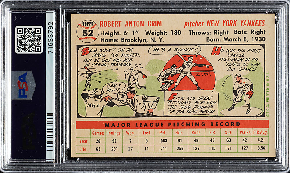 1956 Topps #52 Bob Grim White Back PSA NM-MT 8