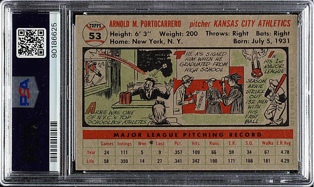 1956 Topps #53 Arnold Portocarrero Gray Back PSA NM-MT 8
