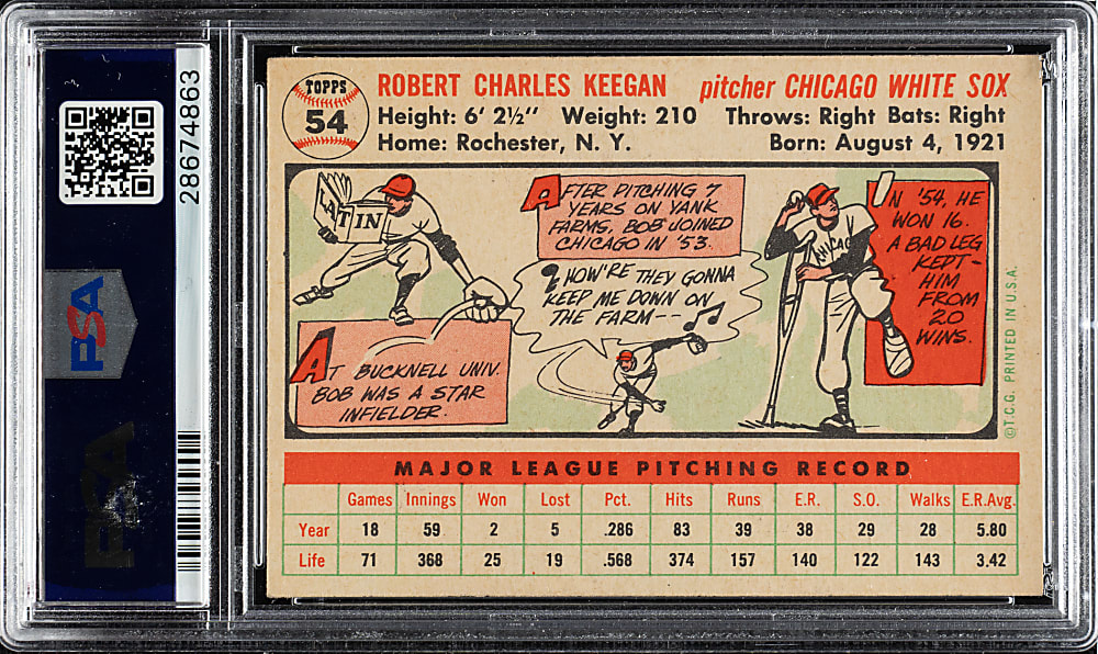 1956 Topps #54 Bob Keegan White Back PSA NM-MT 8