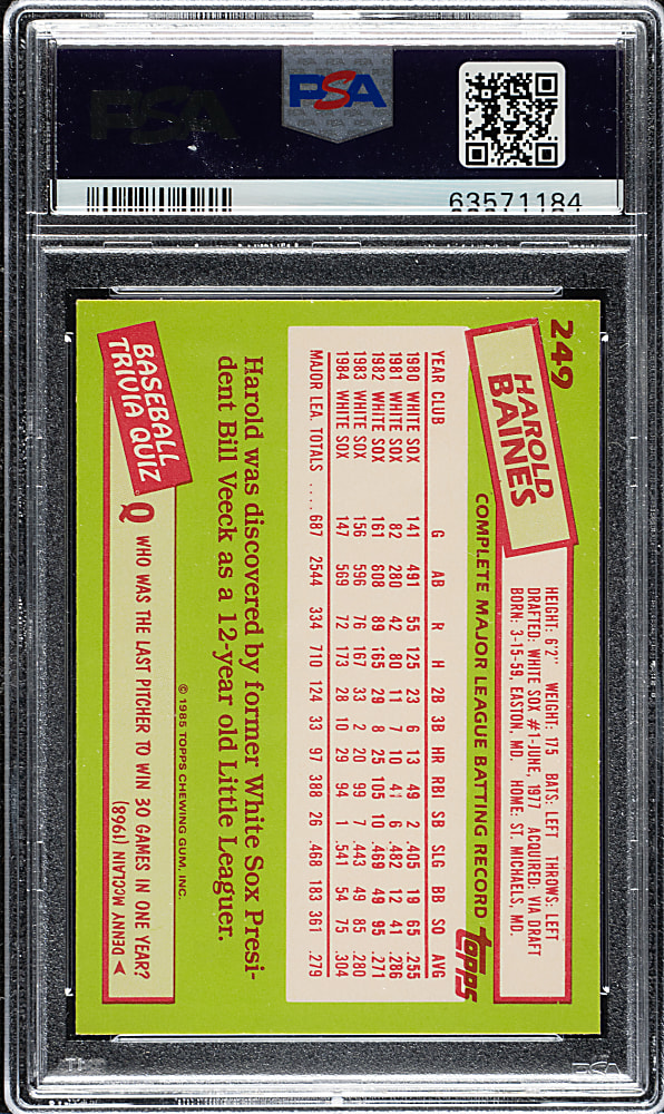 1985 Topps Tiffany #249 Harold Baines PSA GEM MINT 10