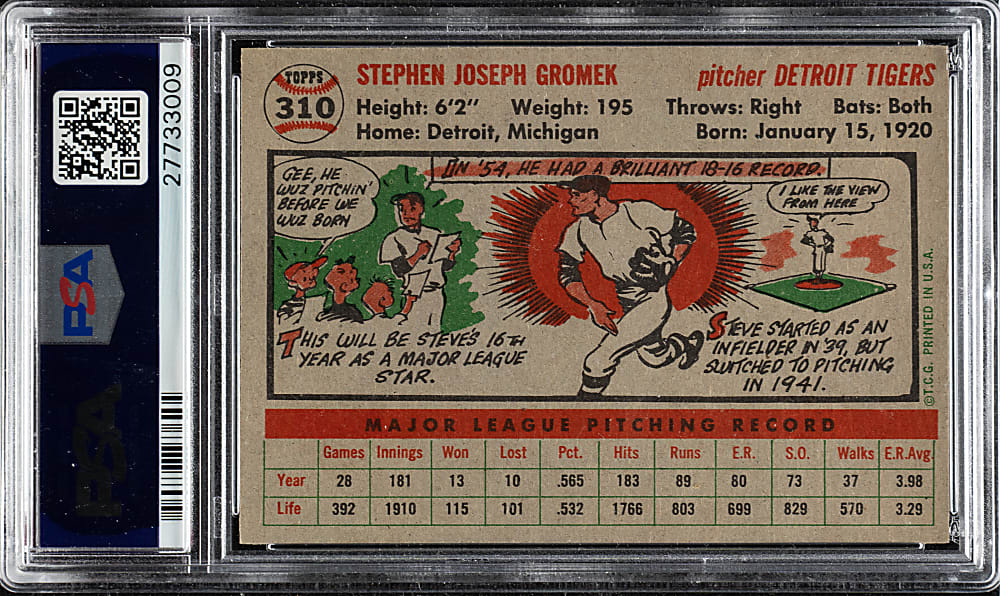 1956 Topps #310 Steve Gromek PSA NM-MT 8