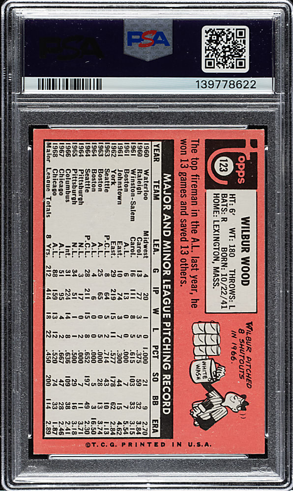 1969 Topps #123 Wilbur Wood PSA MINT 9