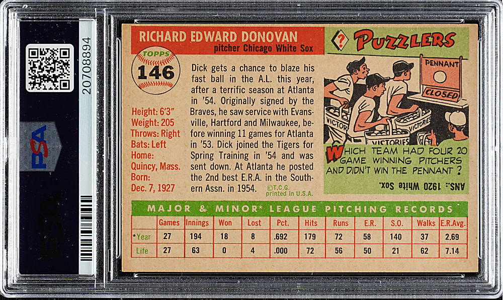 1955 Topps #146 Dick Donovan PSA NM-MT 8