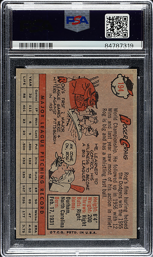 1958 Topps #194 Roger Craig PSA NM-MT 8