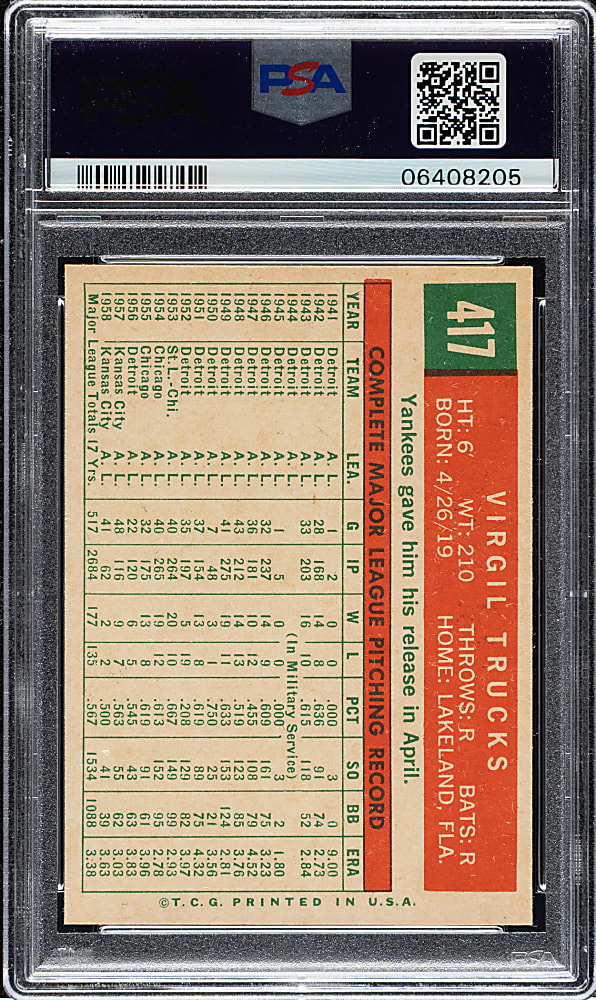 1959 Topps #417 Virgil Trucks PSA MINT 9