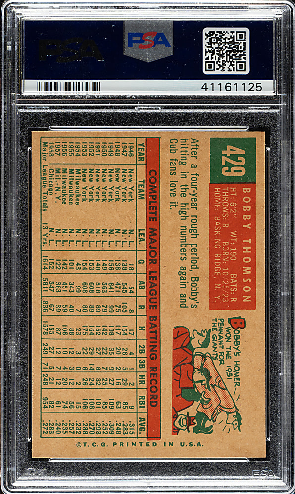 1959 Topps #429 Bobby Thomson PSA MINT 9
