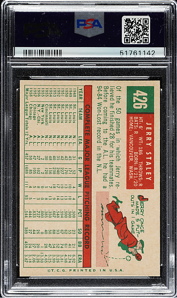 1959 Topps #426 Jerry Staley PSA MINT 9