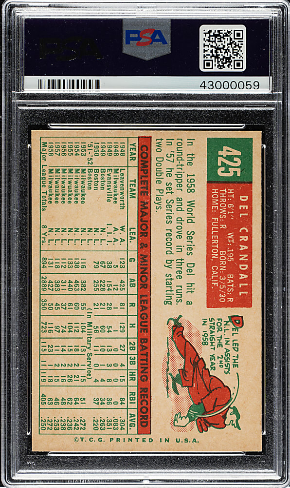 1959 Topps #425 Del Crandall PSA MINT 9