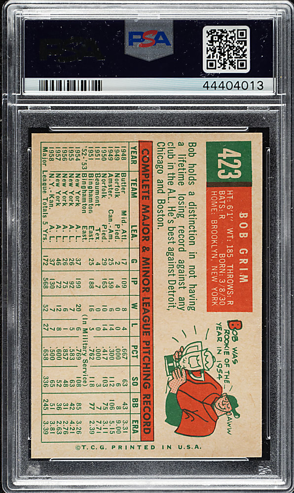 1959 Topps #423 Bob Grim PSA MINT 9