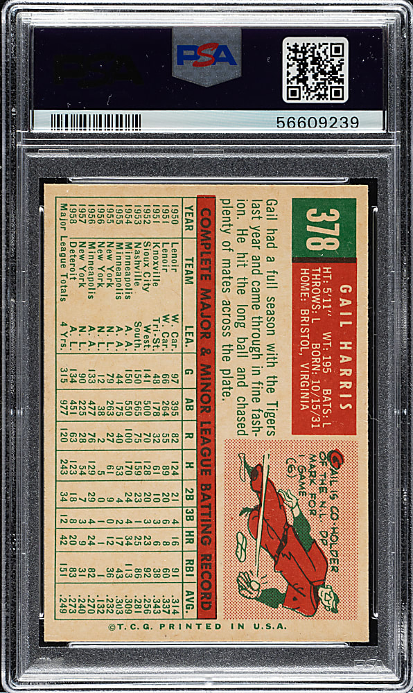 1959 Topps #378 Gail Harris PSA MINT 9
