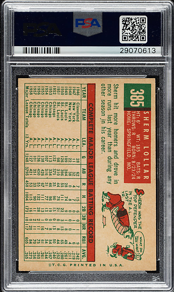 1959 Topps #385 Sherm Lollar PSA MINT 9
