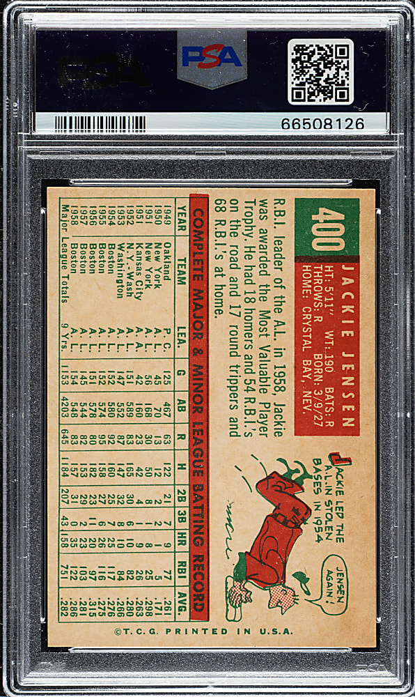 1959 Topps #400 Jackie Jensen PSA NM-MT 8