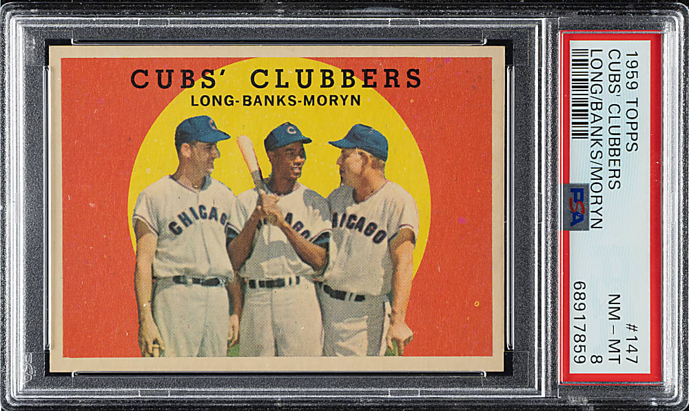 1959 Topps #147 Cubs Clubbers with Ernie Banks PSA NM-MT 8