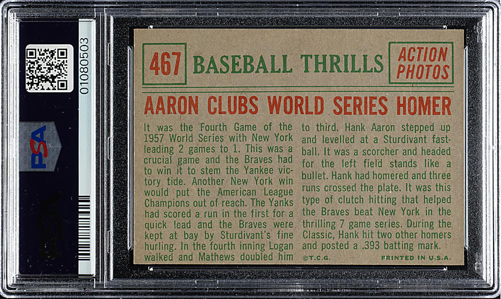 1959 Topps #467 Hank Aaron Clubs World Series Homer PSA NM-MT 8