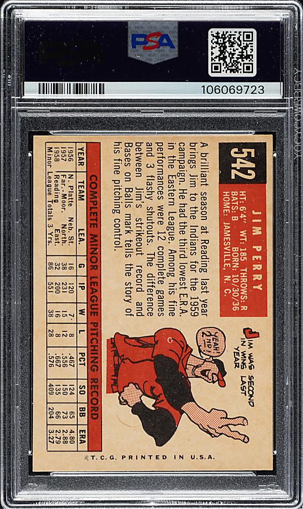 1959 Topps #542 Jim Perry Rookie PSA NM-MT 8
