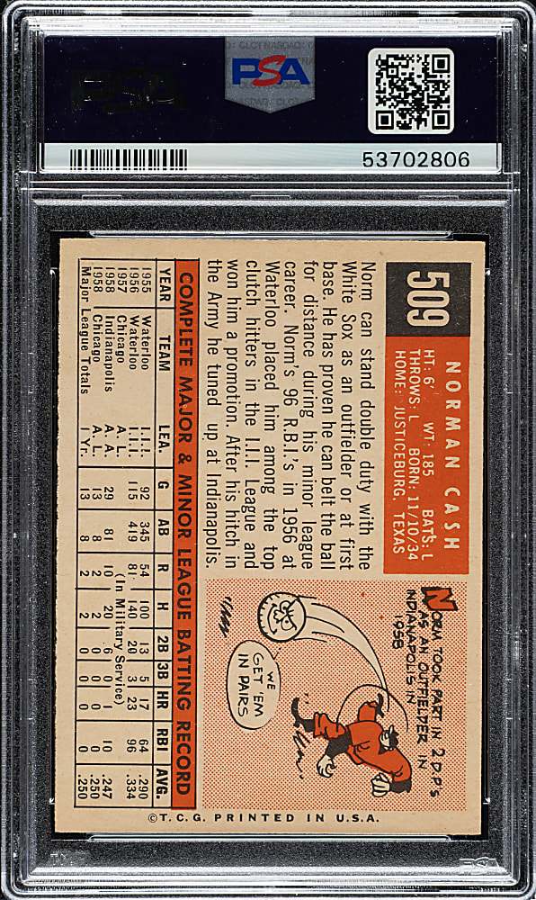 1959 Topps #509 Norm Cash Rookie PSA NM-MT 8