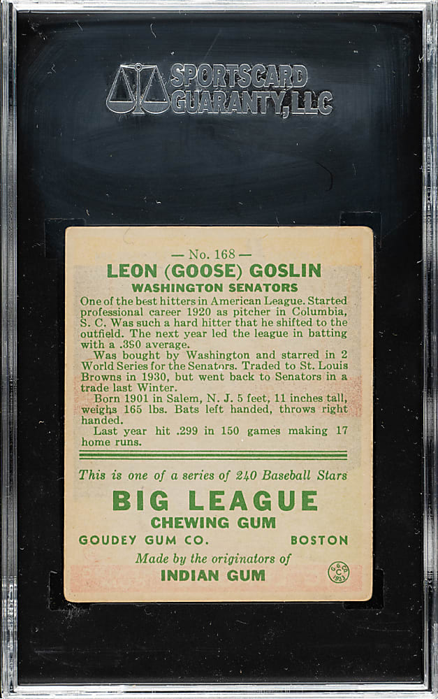 1933 R319 Goudey #168 Goose Goslin SGC VG+ 45